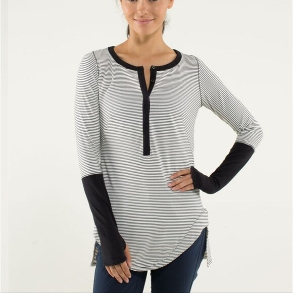 Lululemon Urbanite Henley Long SleeveHyper Stripe Angel Wing / Black size 8 - Picture 1 of 7